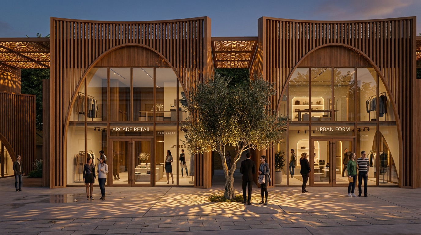 Coton Égyptien - arcade retail at dusk with olive tree