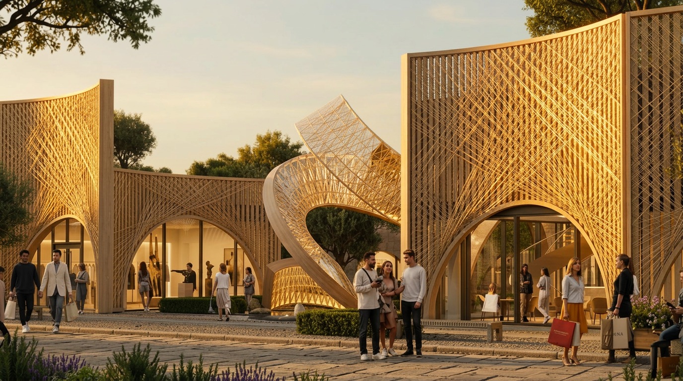 Fil d'Or - golden woven gate at dusk