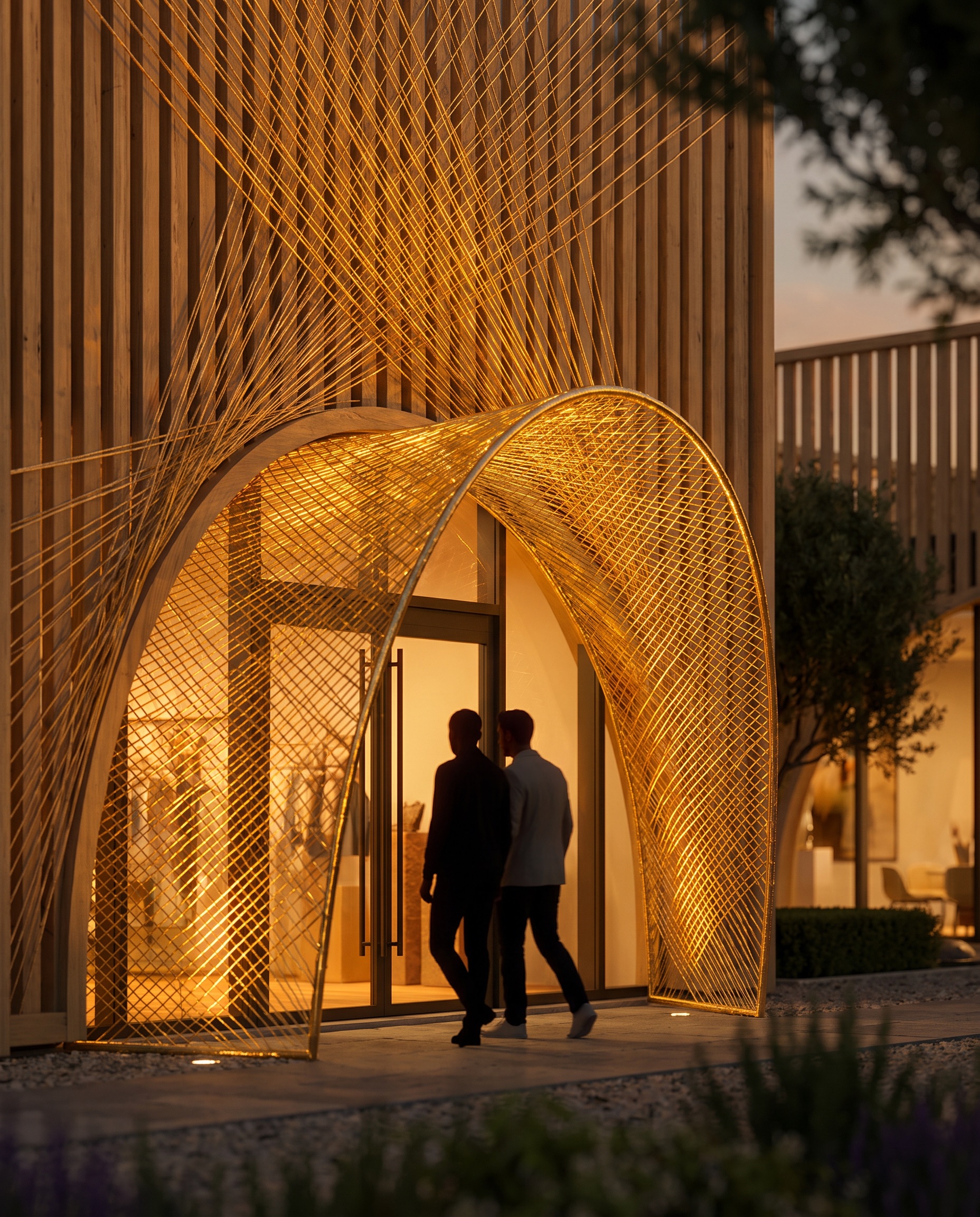Fil d'Or - golden thread archway entrance at dusk