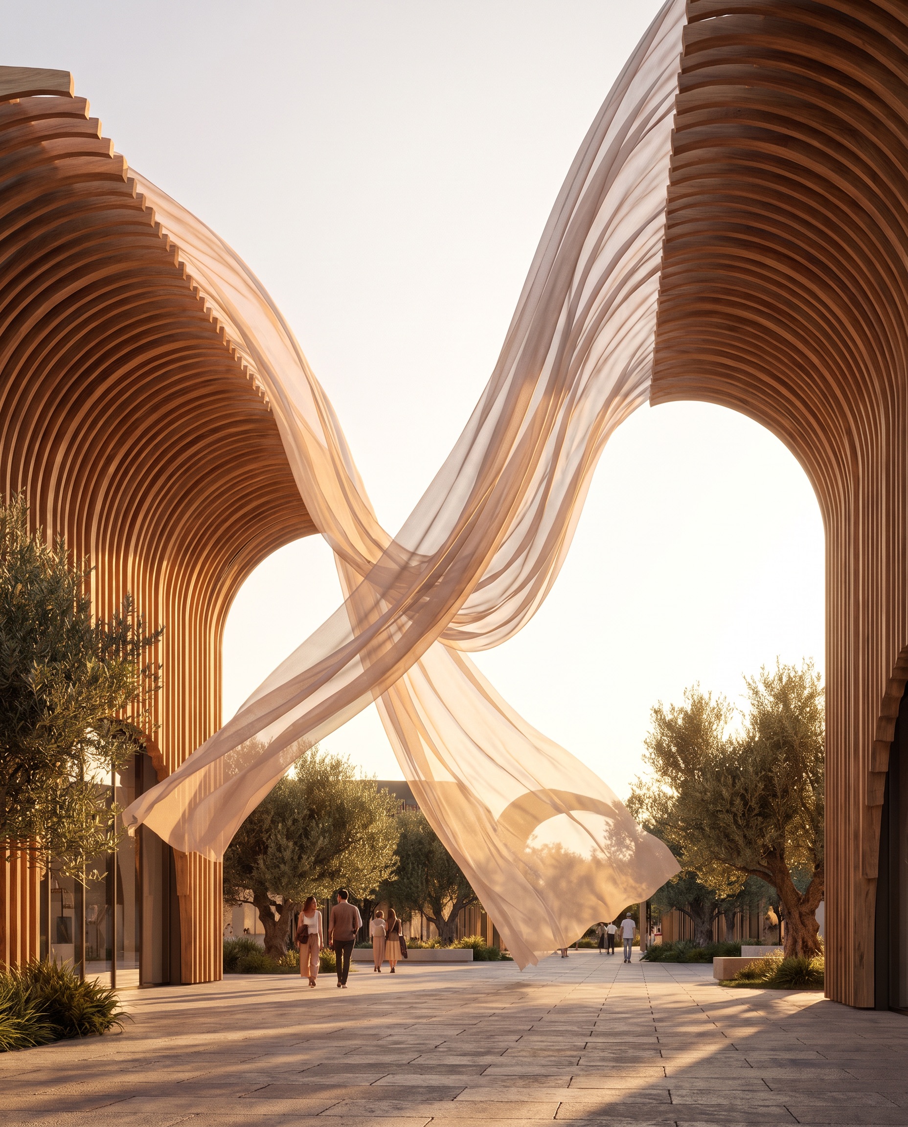 Voile - crossing sheer veils between wood archways